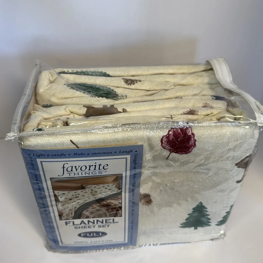 Vtg 4 Pc Full Flannel Sheet Set 100% Cotton Bears Lodge Cabin Tree Forest Nature